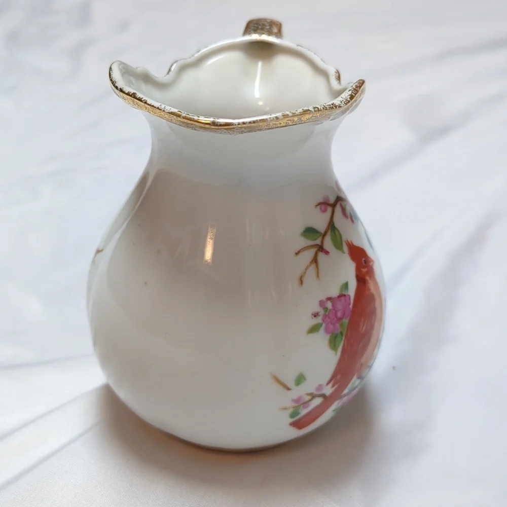Vintage Noleans Japan Hand Painted Cardinal Birds Cherry Blossom Ceramic Pitcher